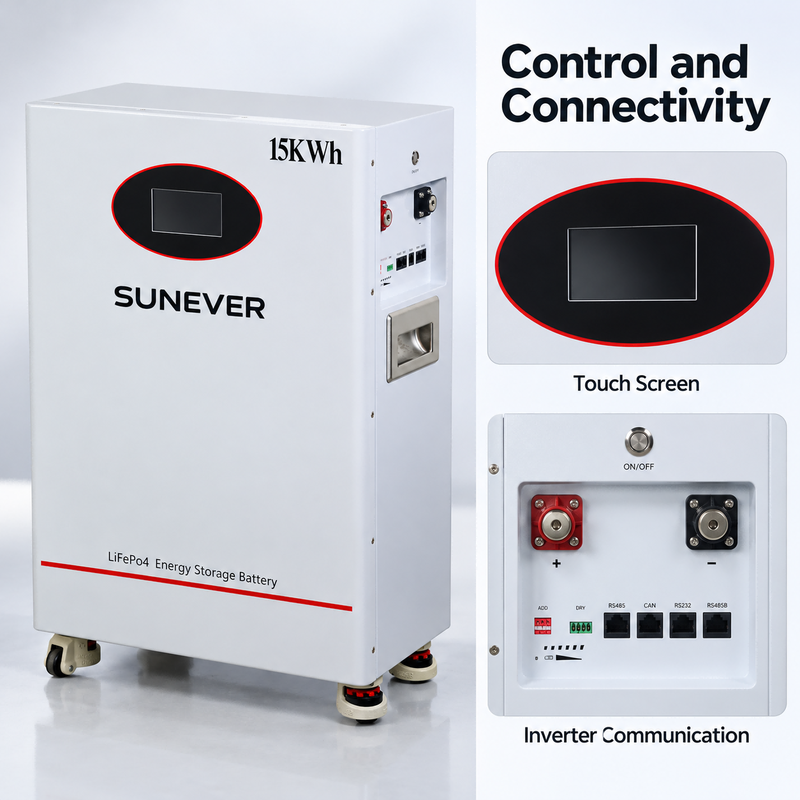 SUNEVER TD-15 51.2V 300Ah LiFePO4 بطارية تخزين شمسية 15.36kWh 200A CAN RS485